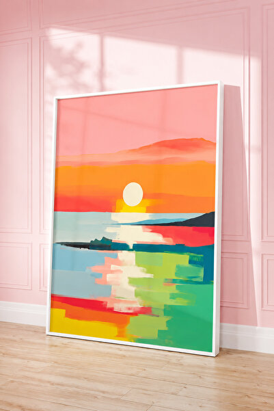 NT Handmade Natural Wood Framed Colorful Sunset Abstract Landscape Wall Decor...