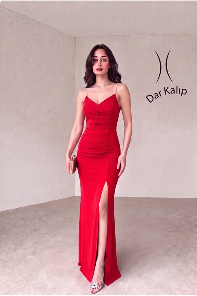 ALFUDO Moda Collection Taş Askılı Yırtmaçlı Drapeli Uzun Abiye Mezuniyet Elbise