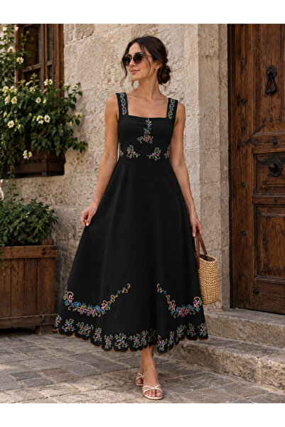 Nes Moda Kadın Kare Yaka Nakış İşlemeli Pamuk Keten Elbise