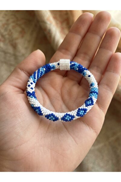 GENCATELİER El Yapımı hapishaneişi Mavi Beyaz Boncuk Örgü Bileklik İÇ ÇAPI : ...