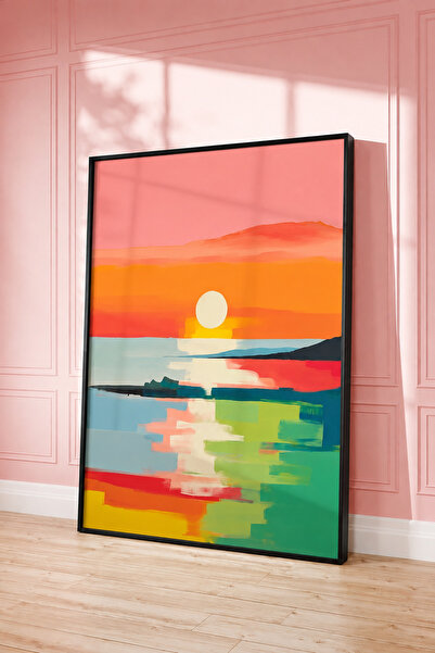 NT Handmade Natural Wood Framed Colorful Sunset Abstract Landscape Wall Decor...