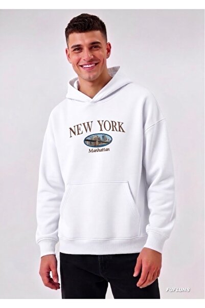 FUFLUNS New York Manhattan Printed Oversized Men's Hooded Sweatshirt