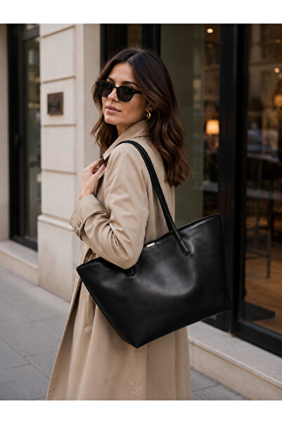 emelimin Women's Black Large Size Faux Leather Shoulder Bag Tote Shopper Bag ...