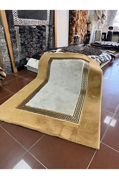 Deri Halı Dünyası Hardal ve Ekru Renk Gold Varaklı Peluş Salon Halısı