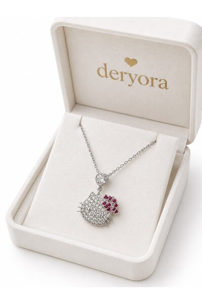 deryora Stone Heart Silver Color Figured Necklace with Pink Stone Detail Eleg...