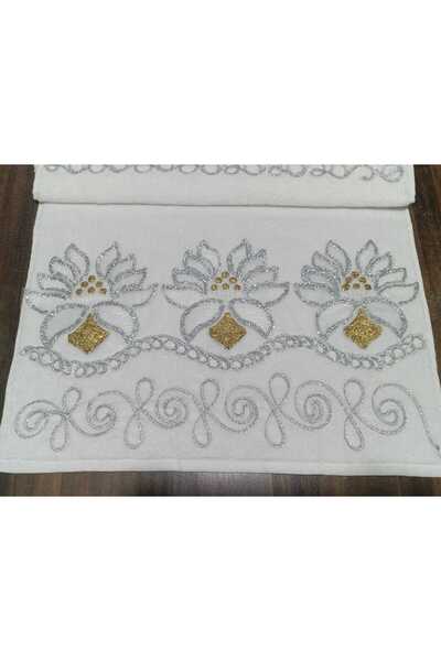 Simli Çiçek İşlemeli 50x90 cm El ve Yüz Havlusu Beyaz Turuncu Gümüş