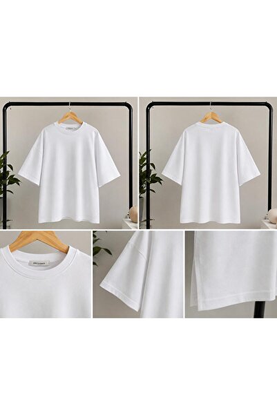 Erkek Beyaz Oversize Tişört Salaş Basic Rahat Kesim Bisiklet Yaka Pamuklu T-Shirt