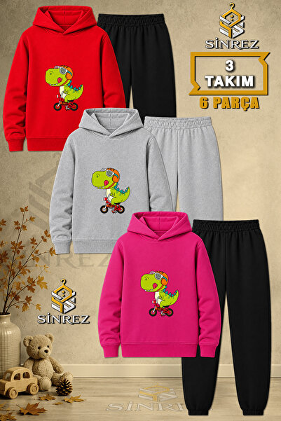 SİNREZ Children's Unisex 3Lu Dino Green Bicycle Printed Hooded Tracksuit Set