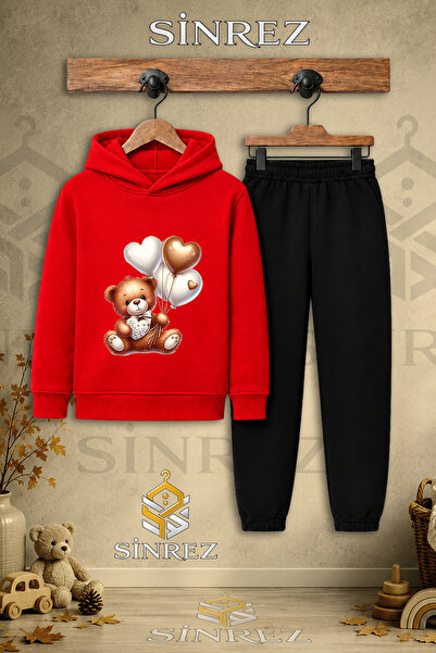SİNREZ Children's Unisex Single Teddy Bear Heart Balloons Printed Hooded Trac...