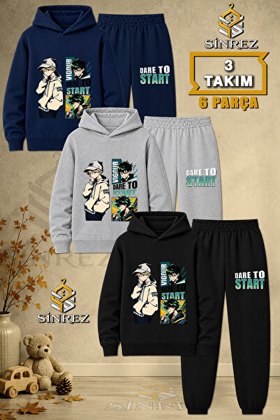 SİNREZ Children's Unisex 3Lu Dare to Start Colorful Printed Hooded Tracksuit Set