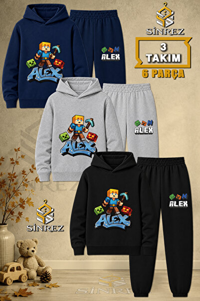 SİNREZ Children's Unisex 3Lu Alex Batlali Printed Hooded Tracksuit Set