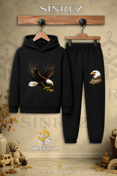 SİNREZ Children's Unisex Single Eagle Colorful Attack Print Hooded Tracksuit Set