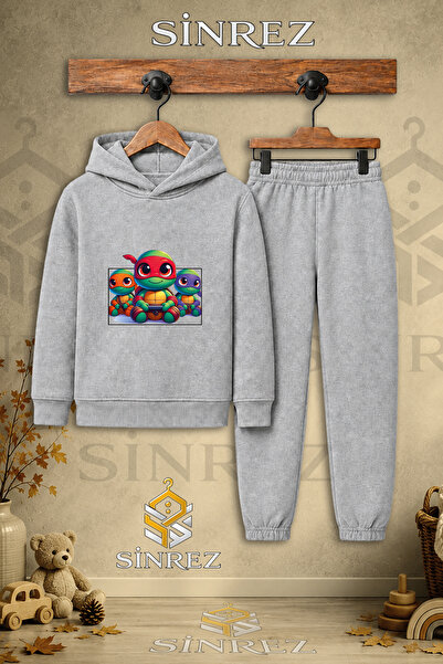 SİNREZ Children's Unisex Hooded Sweatshirt Set with Turtle Print on a Square ...