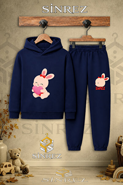 SİNREZ Children's Unisex Single Rabbit in the Lap Pink Heart Printed Hooded T...