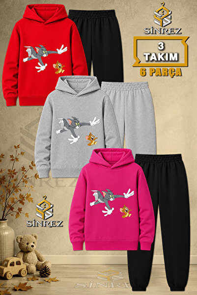SİNREZ Children's Unisex 3Lu Cat Mouse Chase Printed Hooded Tracksuit Set