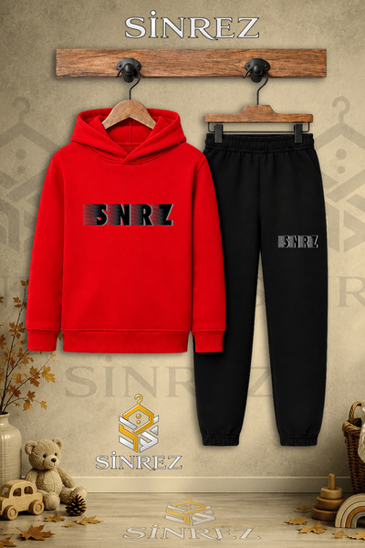 SİNREZ Children's Unisex Single Shade Black Text Printed Hooded Tracksuit Set