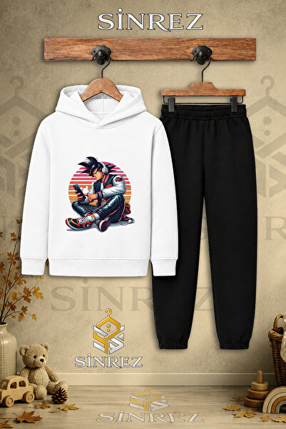SİNREZ Children's Unisex Single Goku Sitting Printed Hooded Tracksuit Set wit...