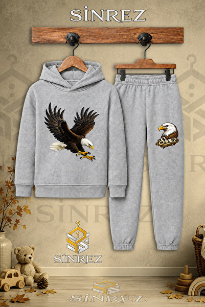 SİNREZ Children's Unisex Single Eagle Colorful Attack Print Hooded Tracksuit Set