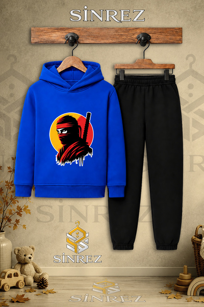 SİNREZ Children's Unisex Single Ninja Masked Head Printed Hooded Tracksuit Set