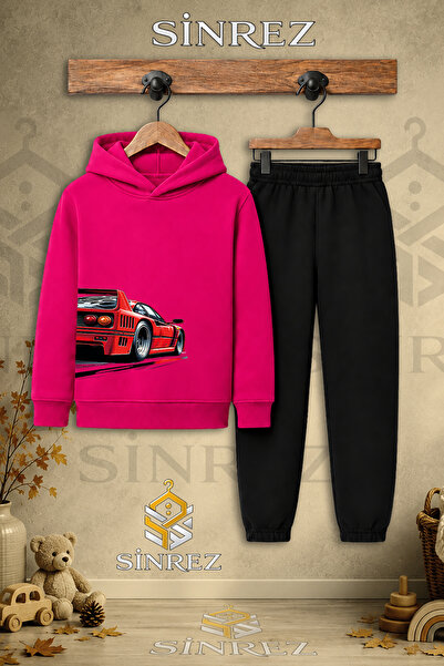SİNREZ Children's Unisex Single Car Red Hooded Tracksuit Set with Printed Des...