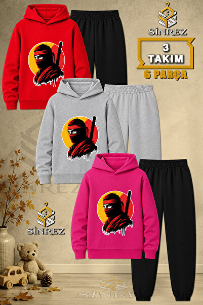 SİNREZ Children's Unisex 3Lu Ninja Masked Head Printed Hooded Tracksuit Set