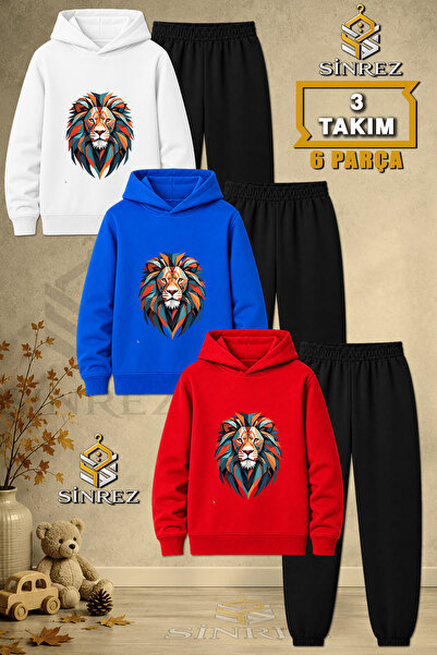 SİNREZ Children's Unisex 3Lu Lion Geo Face Printed Hooded Tracksuit Set