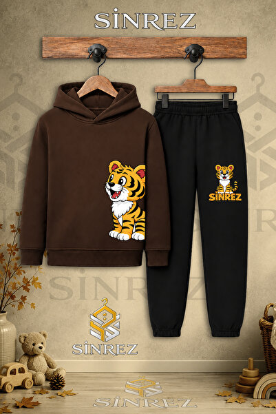 SİNREZ Children's Unisex Single Tiger Printed Hooded Tracksuit Set on the Lef...