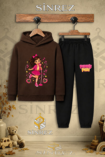 SİNREZ Children's Unisex Single Pink Fairy Singing Printed Hooded Tracksuit Set