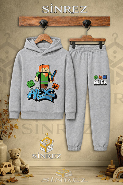 SİNREZ Children's Unisex Single Alex Original Printed Hooded Tracksuit Set
