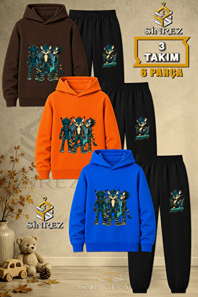 SİNREZ Children's Unisex 3Lu Zenko Multiple Pose Printed Hooded Tracksuit Set