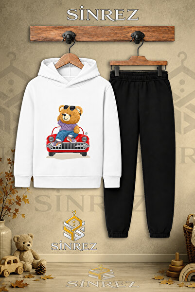 SİNREZ Children's Unisex Single Teddy Bear Printed Hooded Tracksuit Set on Re...