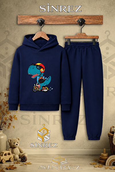 SİNREZ Children's Unisex Single Dino Biker Printed Hooded Tracksuit Set