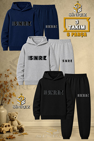 SİNREZ Children's Unisex 3Lu Shadow Black Text Printed Hooded Tracksuit Set