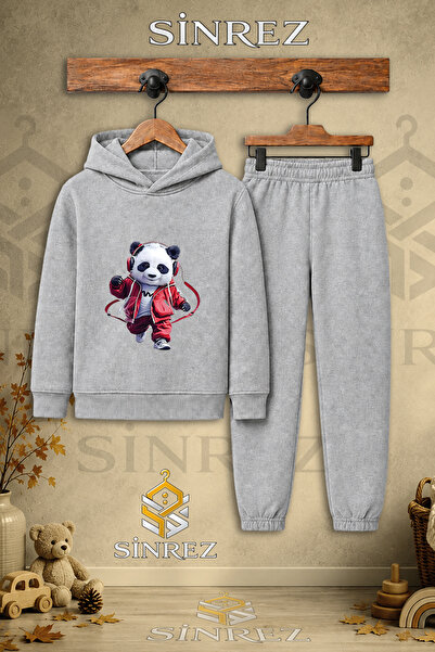 SİNREZ Children's Unisex Single Panda Printed Hooded Tracksuit Set with Red E...