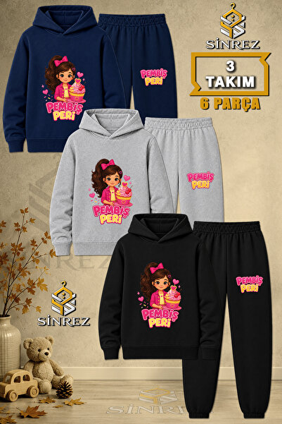 SİNREZ Children's Unisex 3Lu Pink Fairy Cake Printed Hooded Tracksuit Set