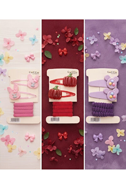 Needstore Kırmızı-Pembe-Lila Mor Çıt Çıt Havlu Lastik Set Kız Çocuk Toka Akse...