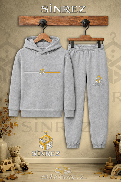 SİNREZ Children's Unisex Single Logo Side Single Line Printed Hooded Tracksui...