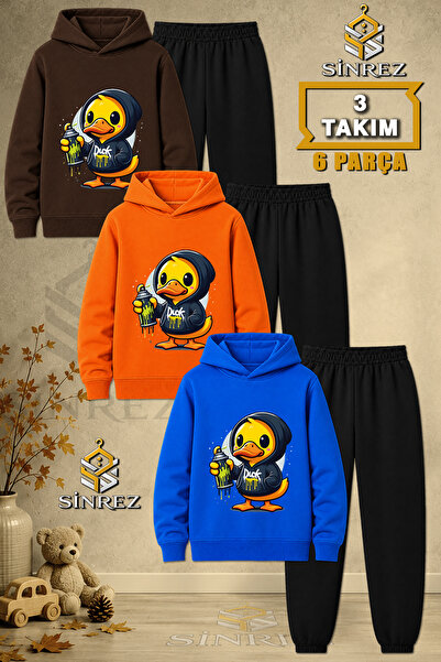 SİNREZ Children's Unisex 3Lu Ordek Duck Sari Buyuk Printed Hooded Tracksuit Set
