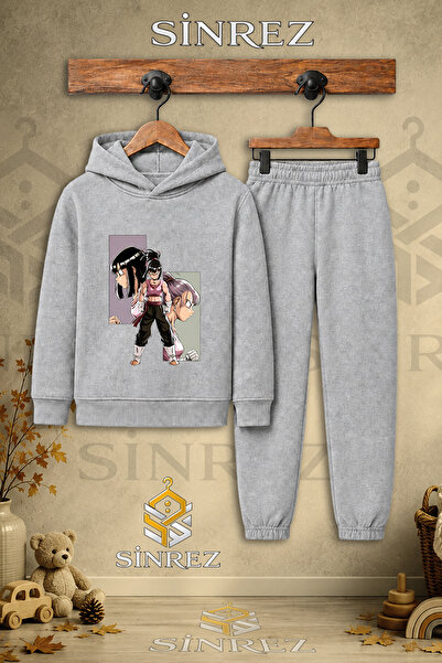 SİNREZ Children's Unisex Single Anime Girl Square Printed Hooded Tracksuit Set