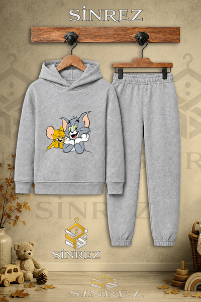 SİNREZ Children's Unisex Single Cat Mouse Hands in the Cloud Printed Hooded T...