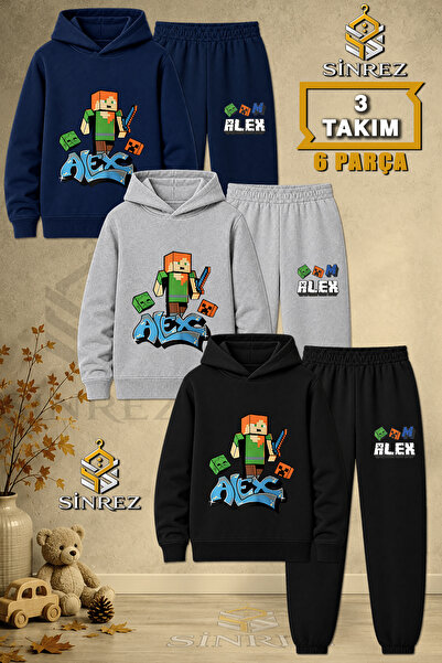 SİNREZ Children's Unisex 3Lu Alex Original Printed Hooded Tracksuit Set