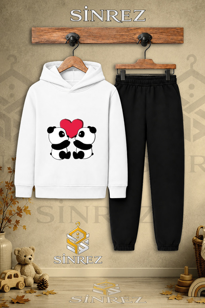 SİNREZ Children's Unisex Single Panda Double Red Heart Printed Hooded Tracksu...