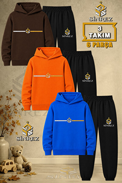 SİNREZ Children's Unisex 3Lu Logo Side Single Line Printed Hooded Tracksuit Set