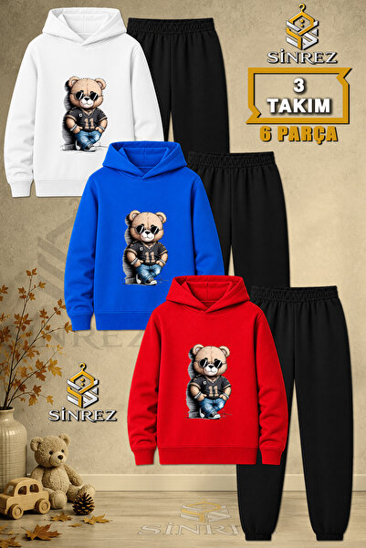 SİNREZ Children's Unisex 3Lu Teddy Bear Style Printed Hooded Tracksuit Set