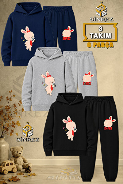 SİNREZ Children's Unisex 3Lu Tavsan Printed Hooded Tracksuit Set with Microphone