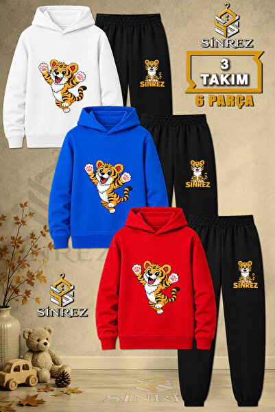 SİNREZ Children's Unisex 3Lu Tiger Paws Air Printed Hooded Tracksuit Set