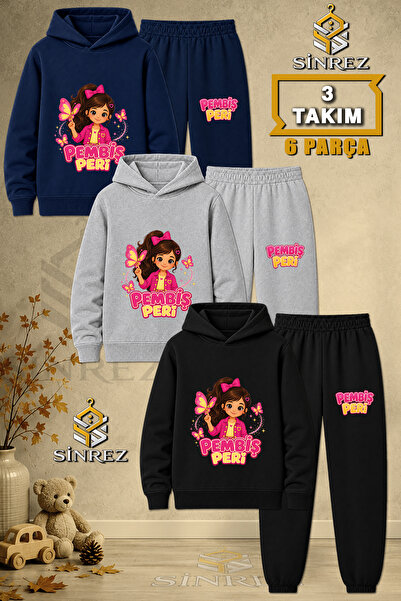 SİNREZ Children's Unisex 3Lu Pink Fairy Half Butterfly Printed Hooded Tracksu...