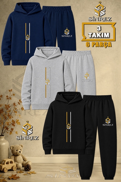 SİNREZ Children's Unisex 3Lu Logo Two-Line Printed Hooded Tracksuit Set