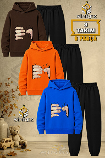 SİNREZ Children's Unisex 3Lu Hand-Printed Black Hooded Tracksuit Set