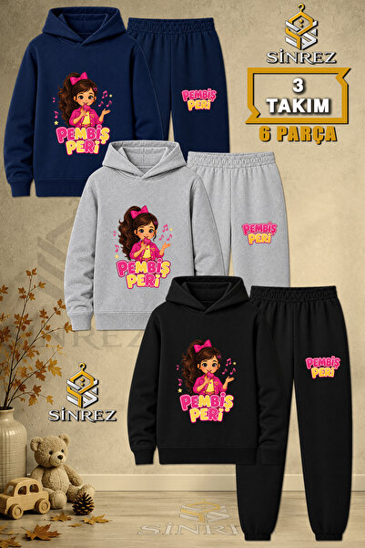SİNREZ Children's Unisex 3Lu Pembis Peri Half Microphone Printed Hooded Track...